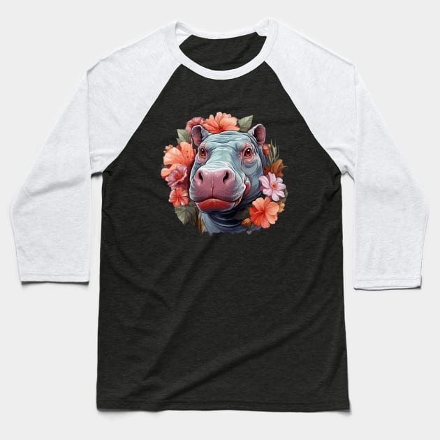 Hippopotamus colorful floral Illustration Baseball T-Shirt by Ross Holbrook